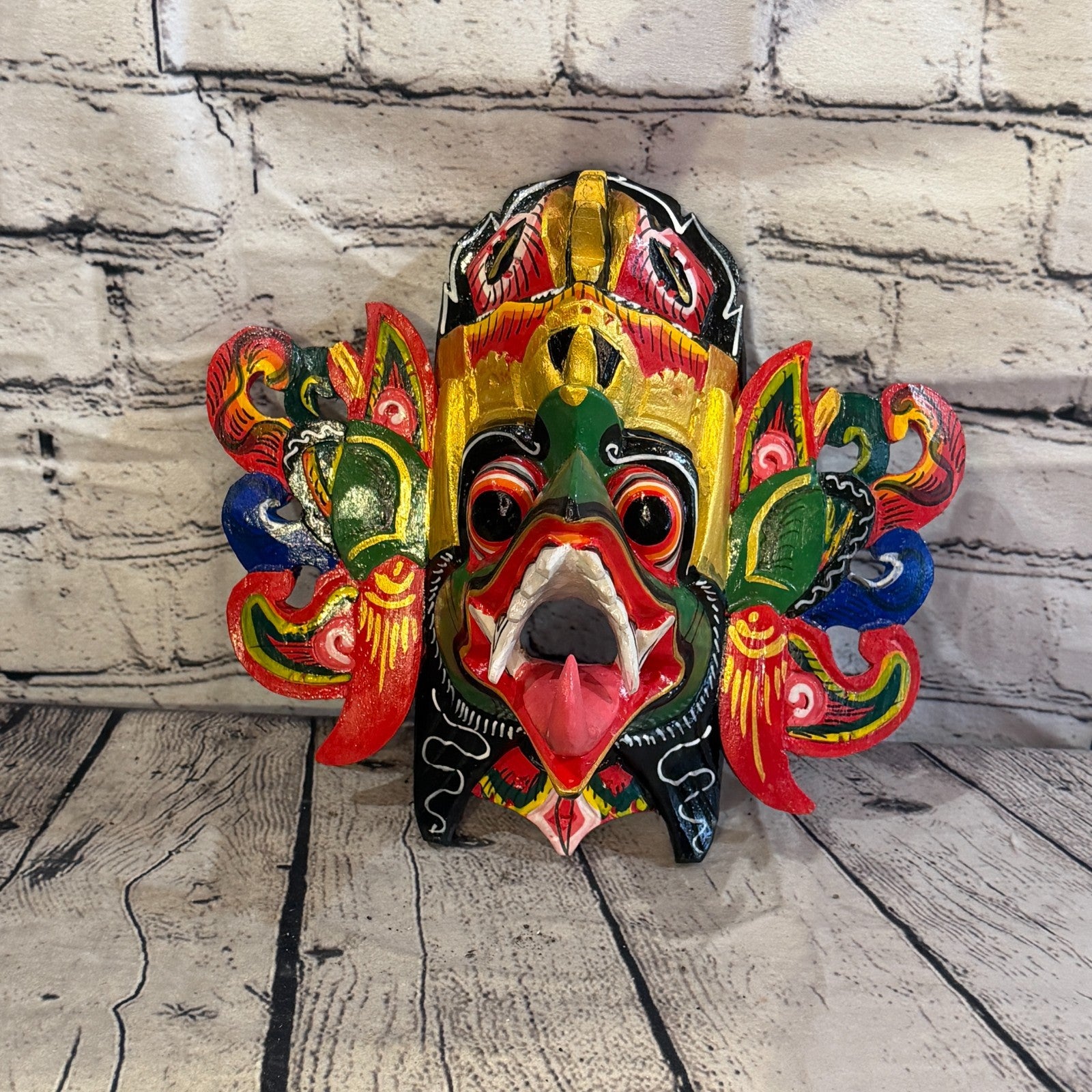25cm Garuda Crown Green Demon Dragon Hindu Deity Wooden Hand Carved Mask Painted2