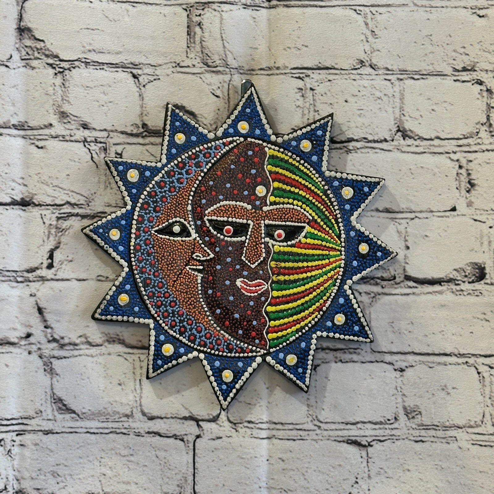 25cm Sun & Moon Carved Wooden Dot Painted Ethnic Tribal Tiki Wall Handmade No 22