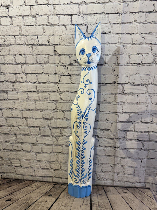100cm Blue White Flower Wooden Shabby Cat Statue Ornament Fair Trade Handcarved0