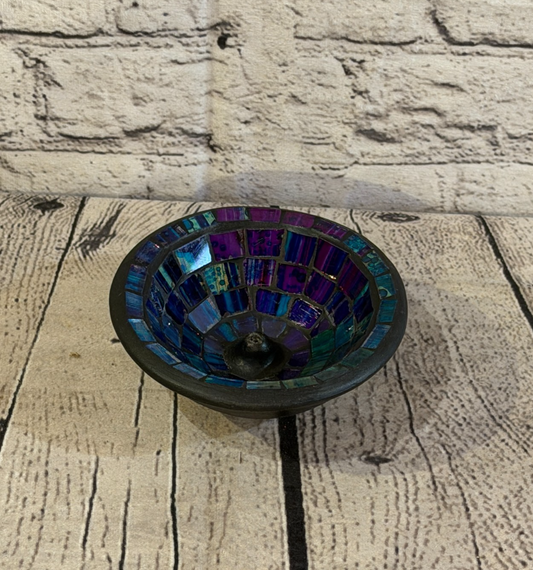 Blue Purple Small 12cm Round Mosaic Pottery Incense Holder Burner Detail0