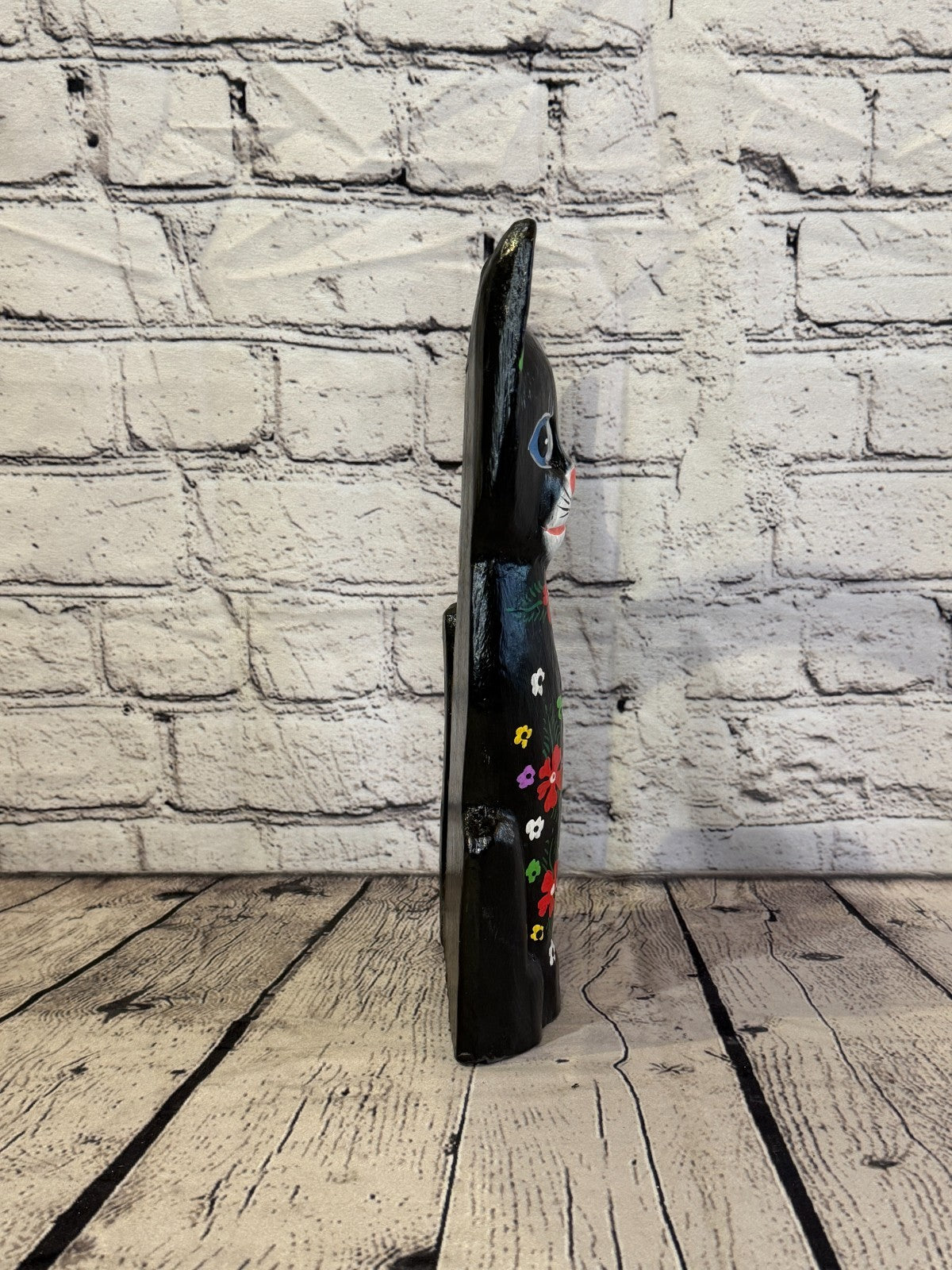 30cm Black Mix Flower Wooden Shabby Cat Statue Ornament Fair Trade Handcarved3
