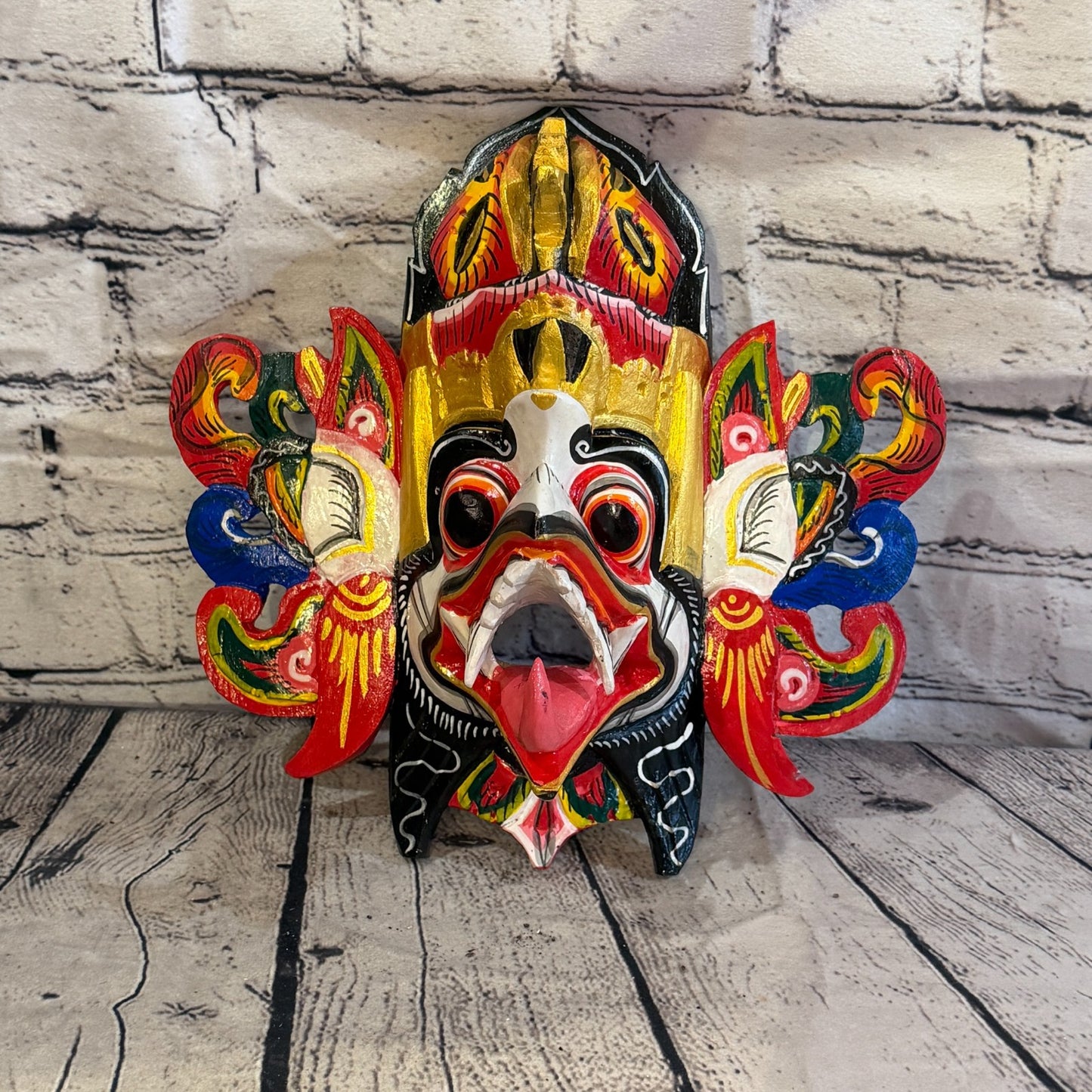 25cm Garuda Crown White Demon Dragon Hindu Deity Wooden Hand Carved Mask Painted2