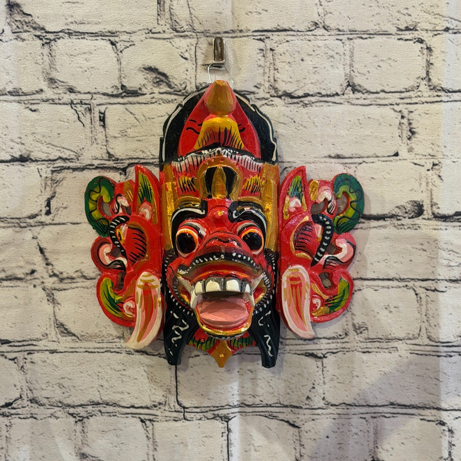 25cm Barong Crown Red Demon Dragon Hindu Deity Wooden Hand Carved Mask Painted3