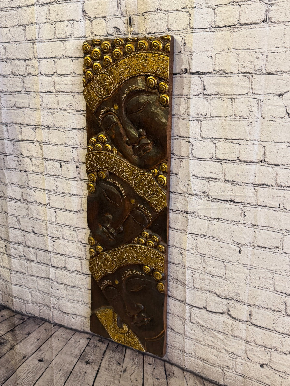 100cm x 30cm Gold Brown 3 Buddha Wall Art Plaque Handcarved Wooden Wood Panel2