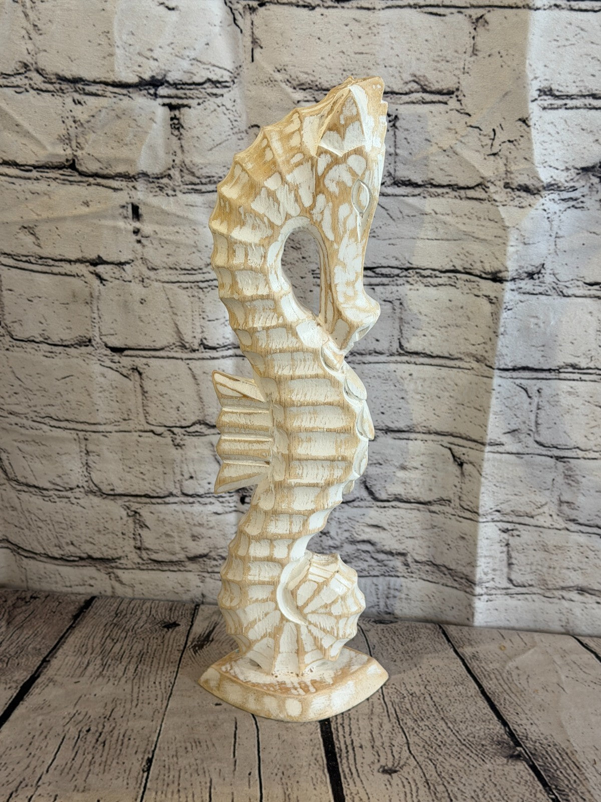 40cm White Wooden Shabby Seahorse Statue Ornament Fair Trade Handcarved3