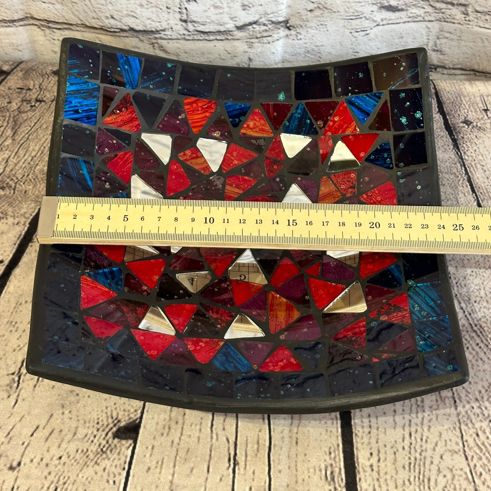 25cm Red Blue Silver Shards Square Mosaic Handmade Ceramic Glass Tile Bowl Fruit1