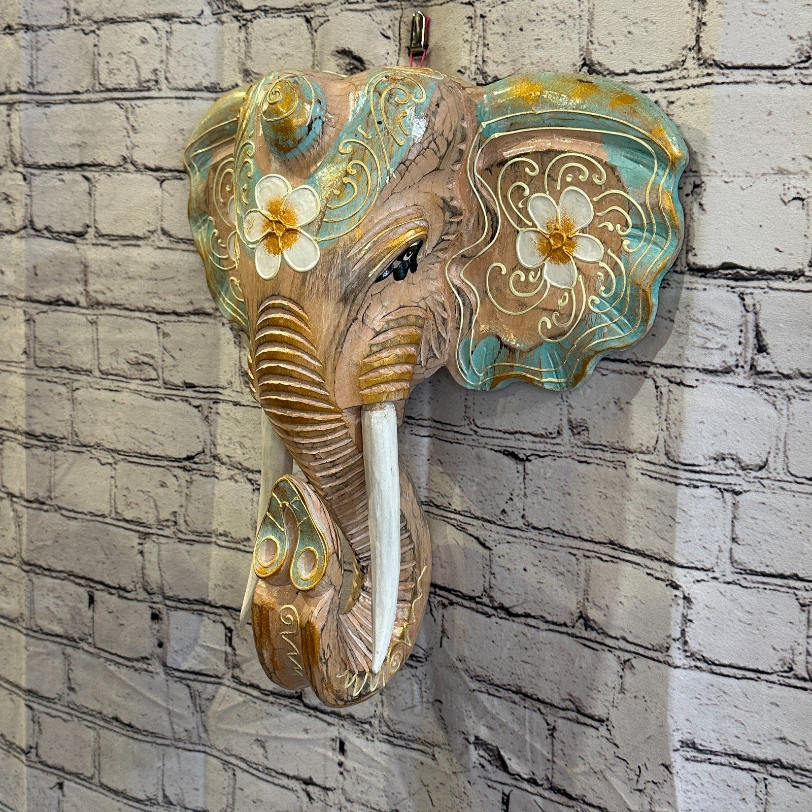 40cm x 35cm Green Flower Painted Wood Elephant Head Wall Mounted Art Shabby1