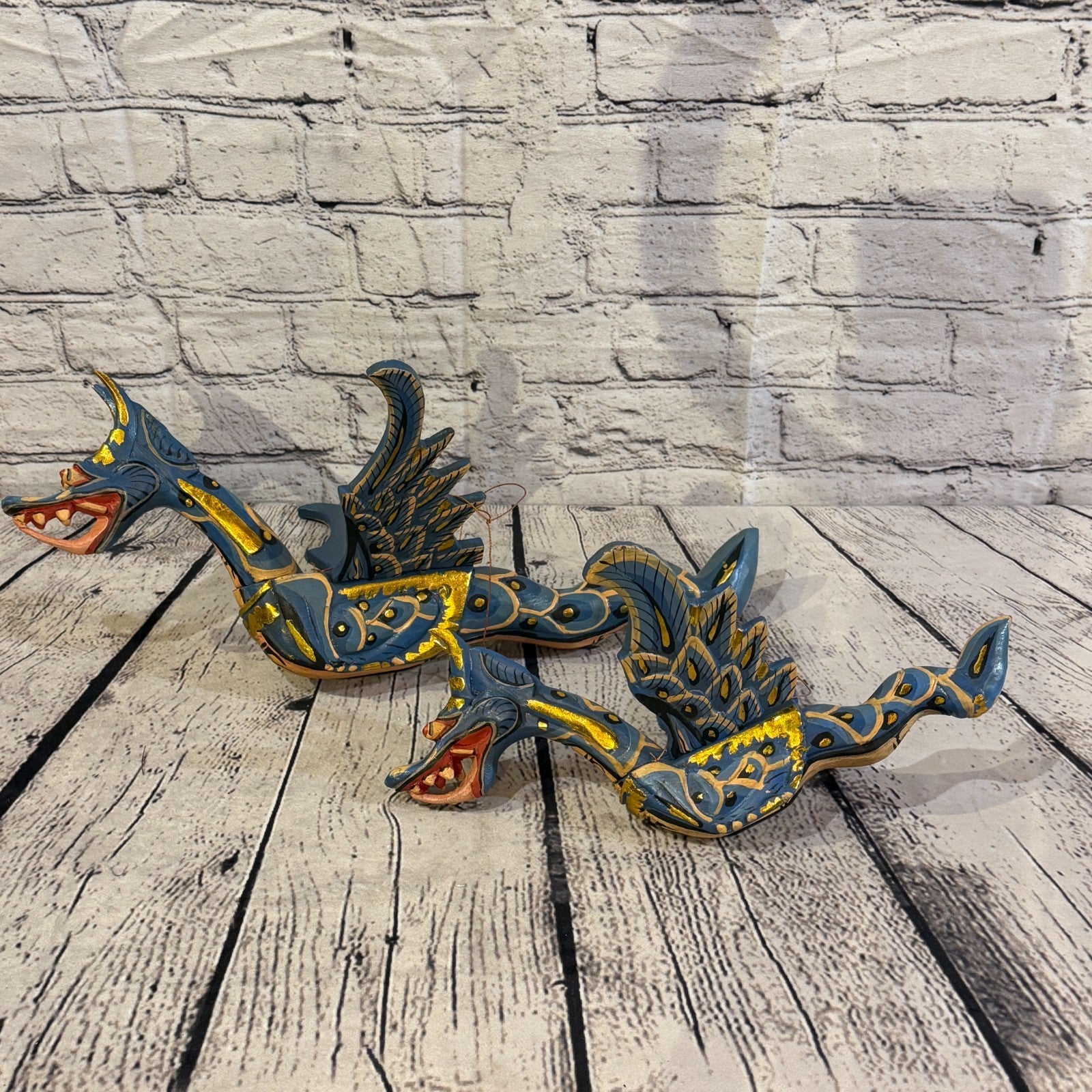 40cm Blue Dragon Folk Art Carved Wood Flying Winged Mobile Spirit Guardian4