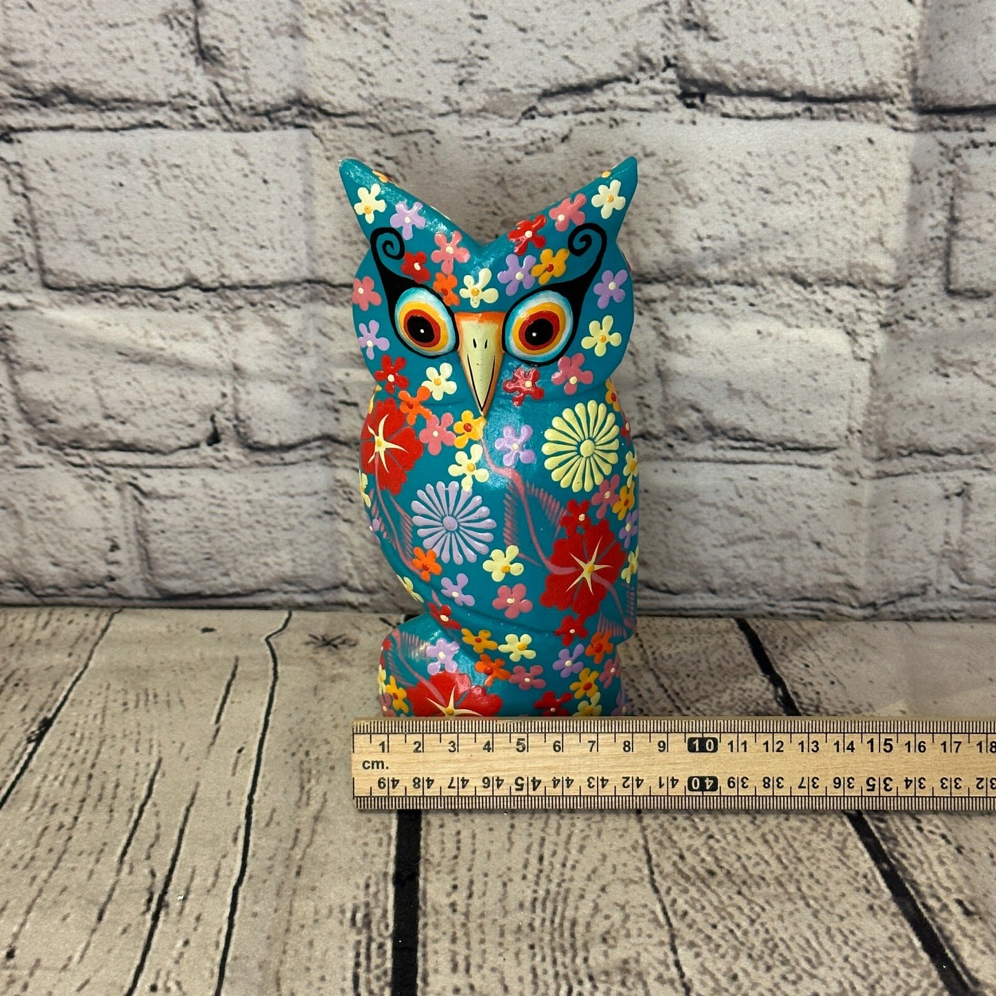 Blue Medium Wooden Owl With Flower Pattern 15cm x 8cm Handmade and Fairtrade6