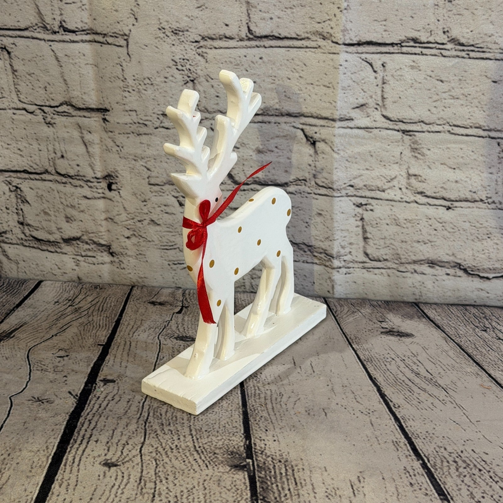 22cm x 14cm White Handcrafted Wood Reindeer Xmas Christmas Ornament Antlers2