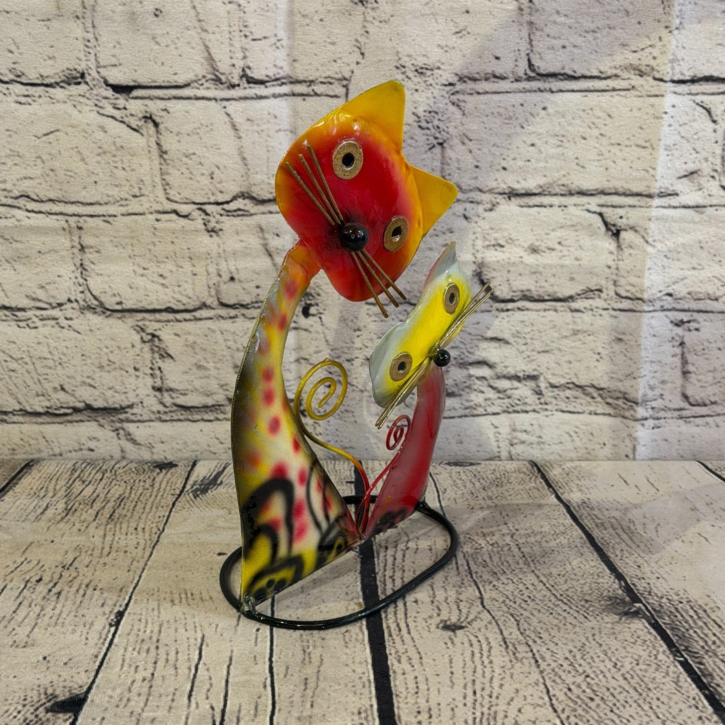 25cm x 15cm Double Cat Orange Metal Tin Standing Ornament Statue2