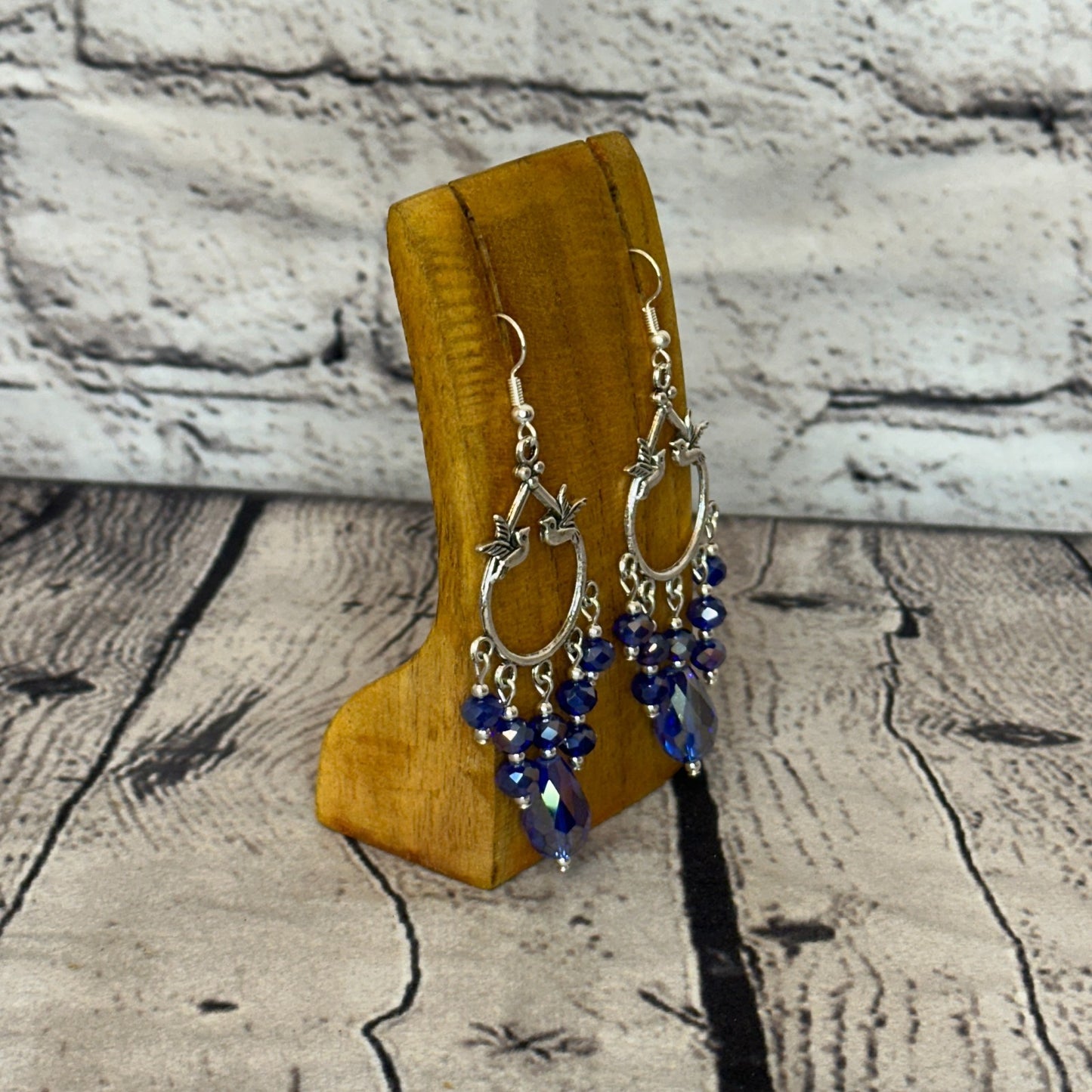 Dark Blue Drop Crystal Bird Dangle Drop Earrings Handmade UK Jewellery2