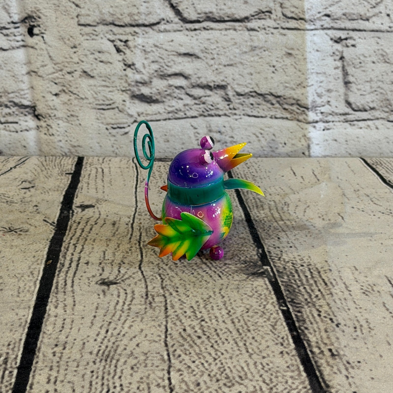 8cm x 8cm Small Scarf Colourful Bird Purple Metal Tin Standing Ornament Statue3