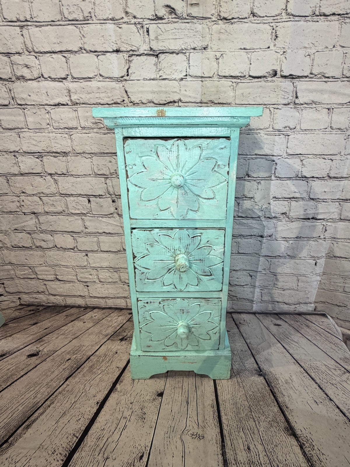 60cm x 25cm Blue 3 Draw Pillar Wooden Side Cabinet Living Storage Furniture1