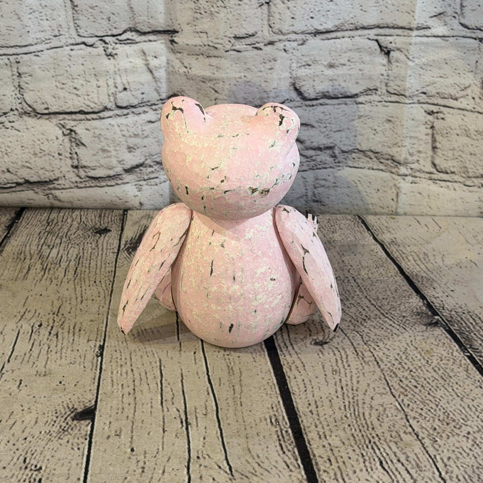 18cm Pink Teddy Bear Sitting Animal, Wooden Shelf Ornament Handmade & Fairtrade4
