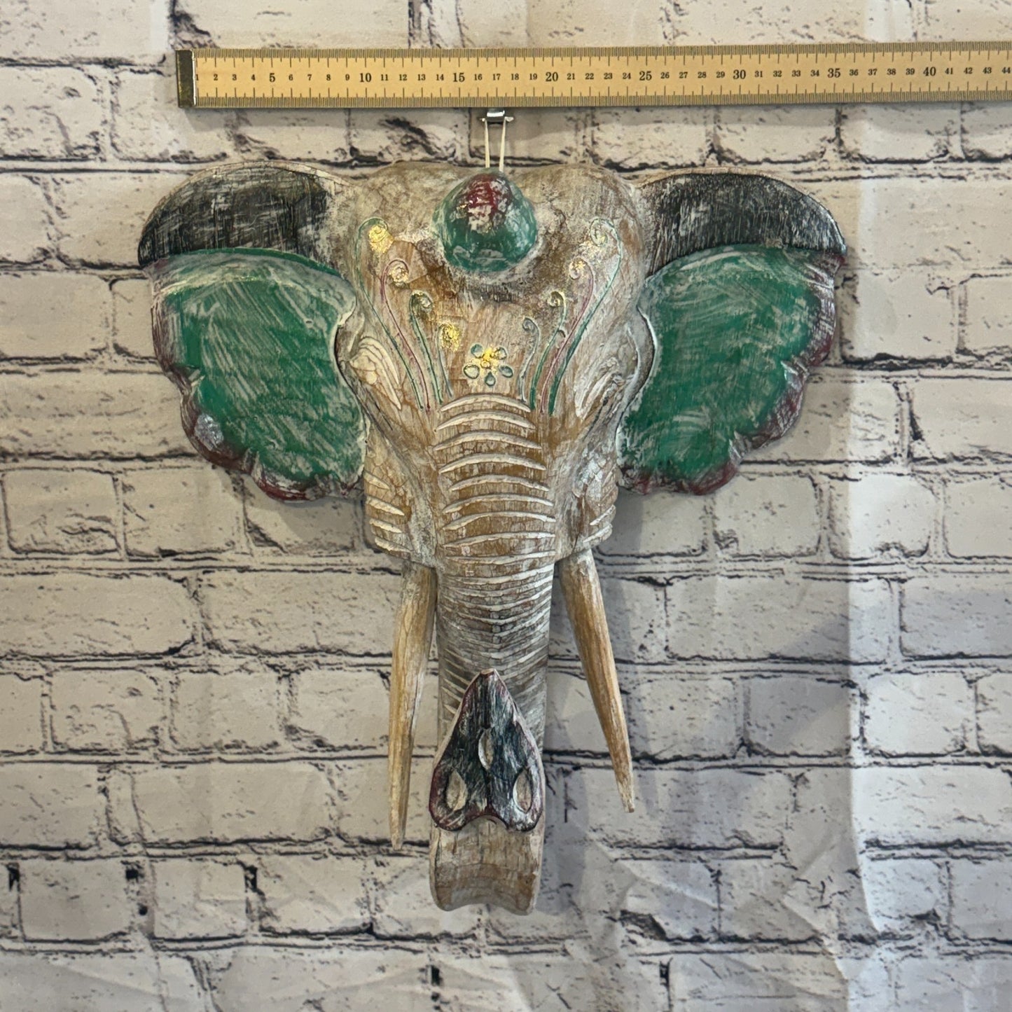 40cm x 35cm Silver Green Painted Wood Elephant Head Wall Mounted Art Shabby3