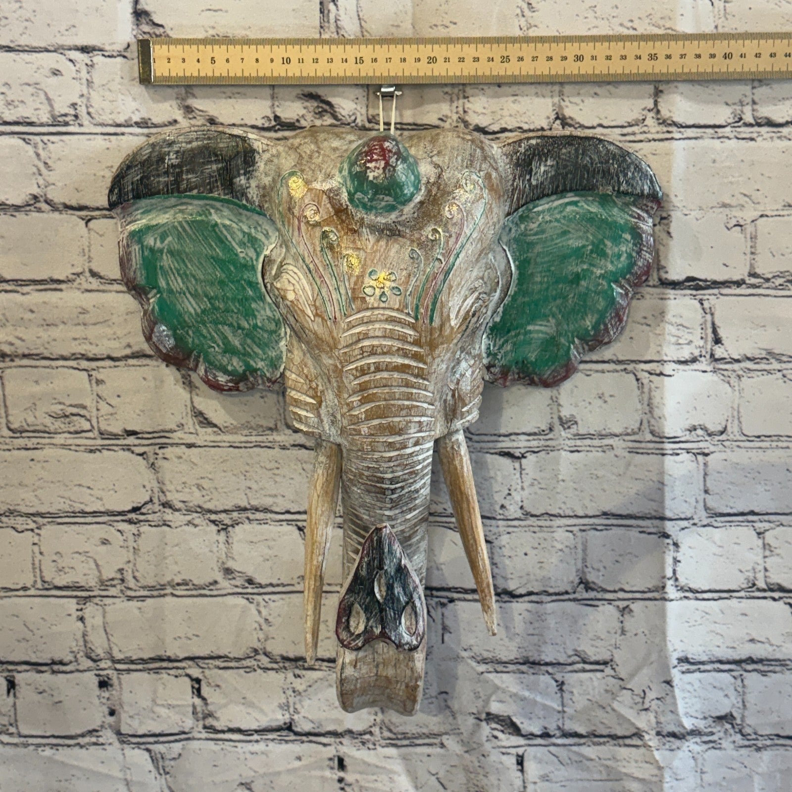 40cm x 35cm Silver Green Painted Wood Elephant Head Wall Mounted Art Shabby3