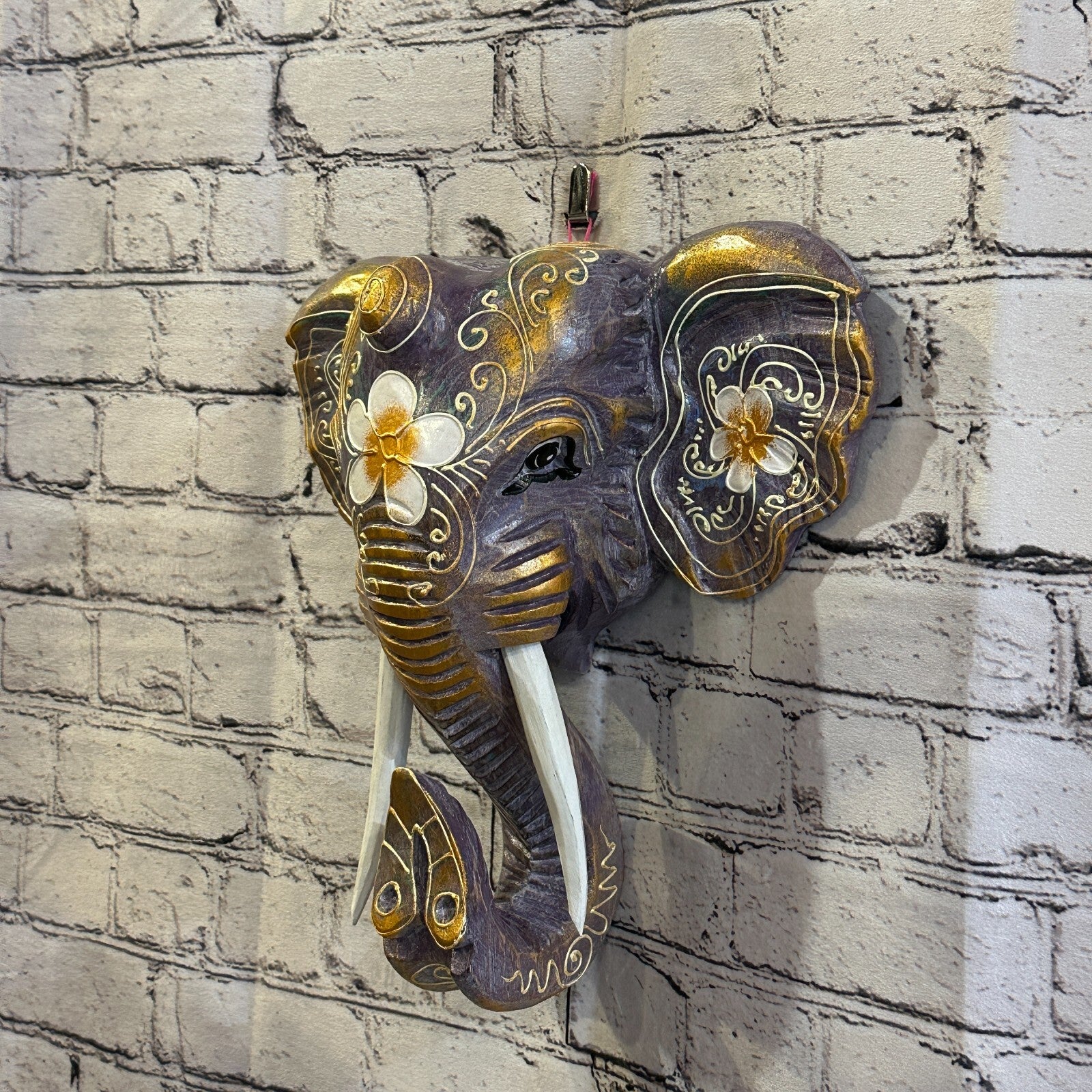 30cm x 30cm Purple Flower Painted Wood Elephant Head Wall Mounted Art Shabby1