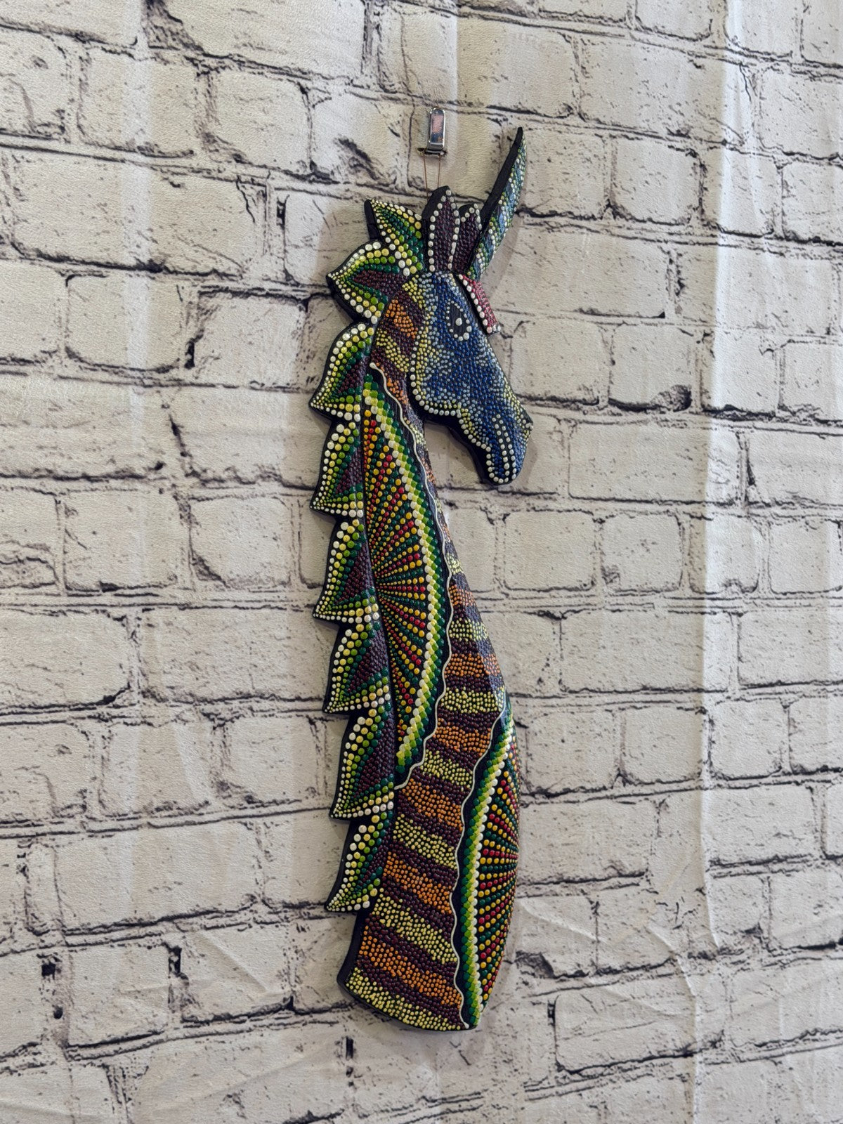 45cm Unicorn Carved Wooden Dot Painted Ethnic Tribal Tiki Wall Art No 60