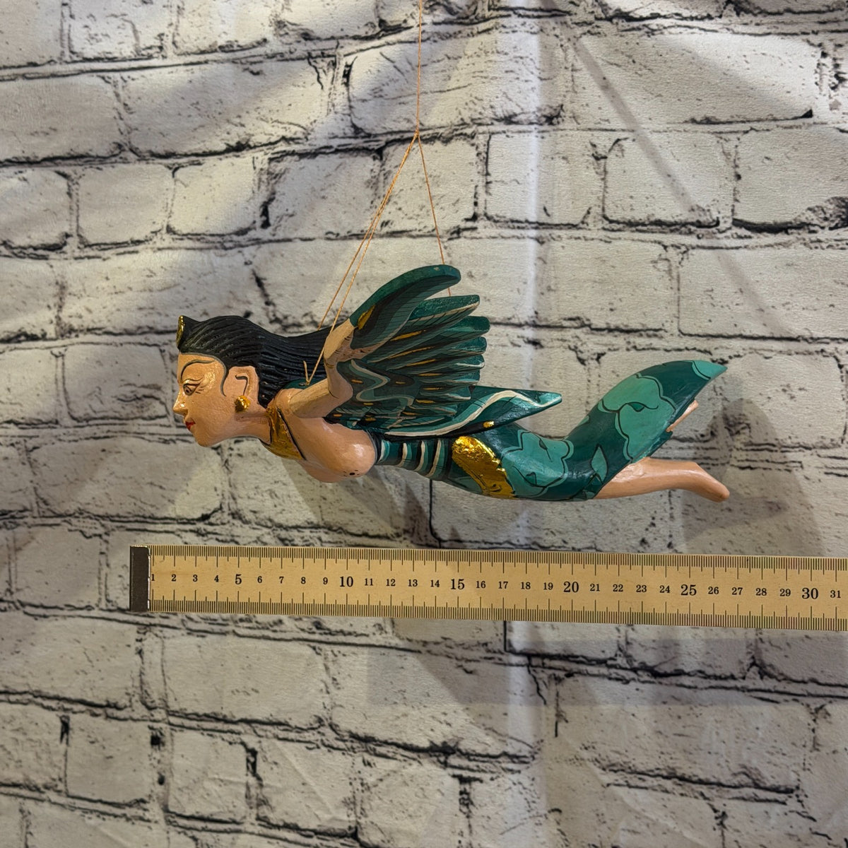 30cm Green Sita Hindu Folk Art Carved Wood Flying Winged Mobile Spirit Guardian3