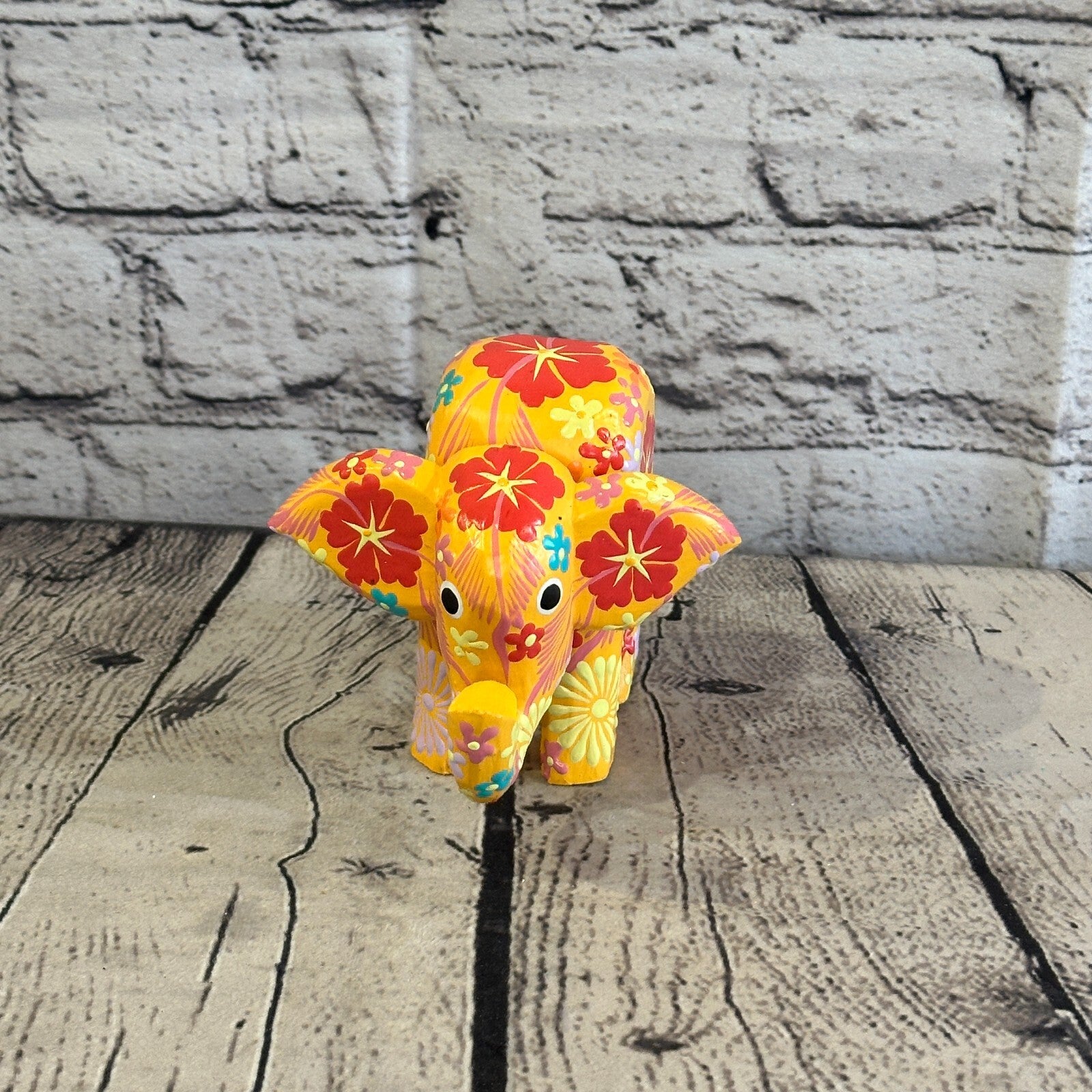 Orange Wooden Elephant With Flower Pattern 10cm x 12cm Handmade and Fairtrade1