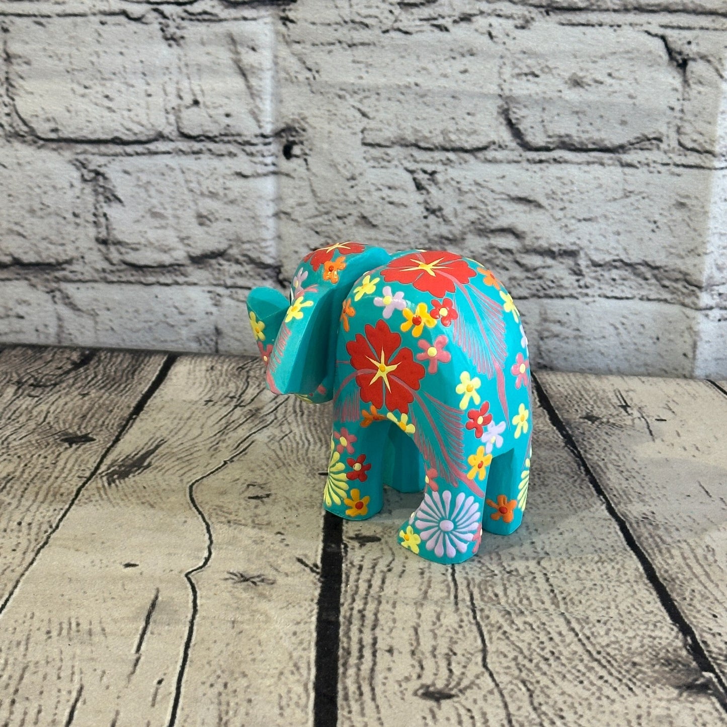 Blue Wooden Elephant With Flower Pattern 10cm x 12cm Handmade and Fairtrade4