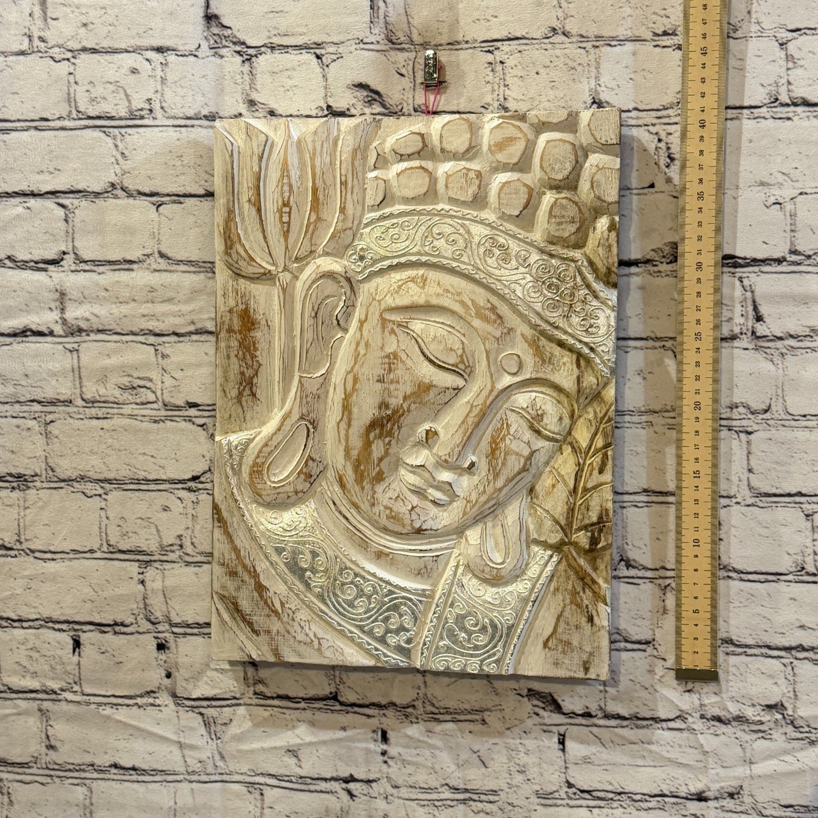 Wooden Wood Panel 40cm Silver Cream Buddha Lotus Wall Art Plaque Handcarved4
