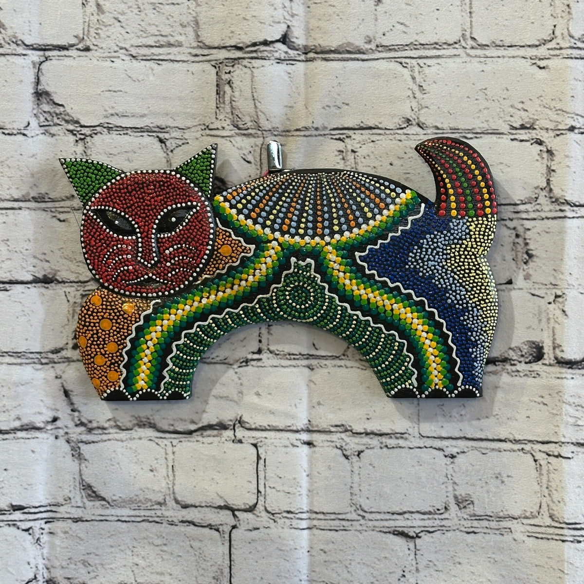 30cm Red Cat Carved Wooden Dot Painted Ethnic Tribal Tiki Wall Art Handmade2