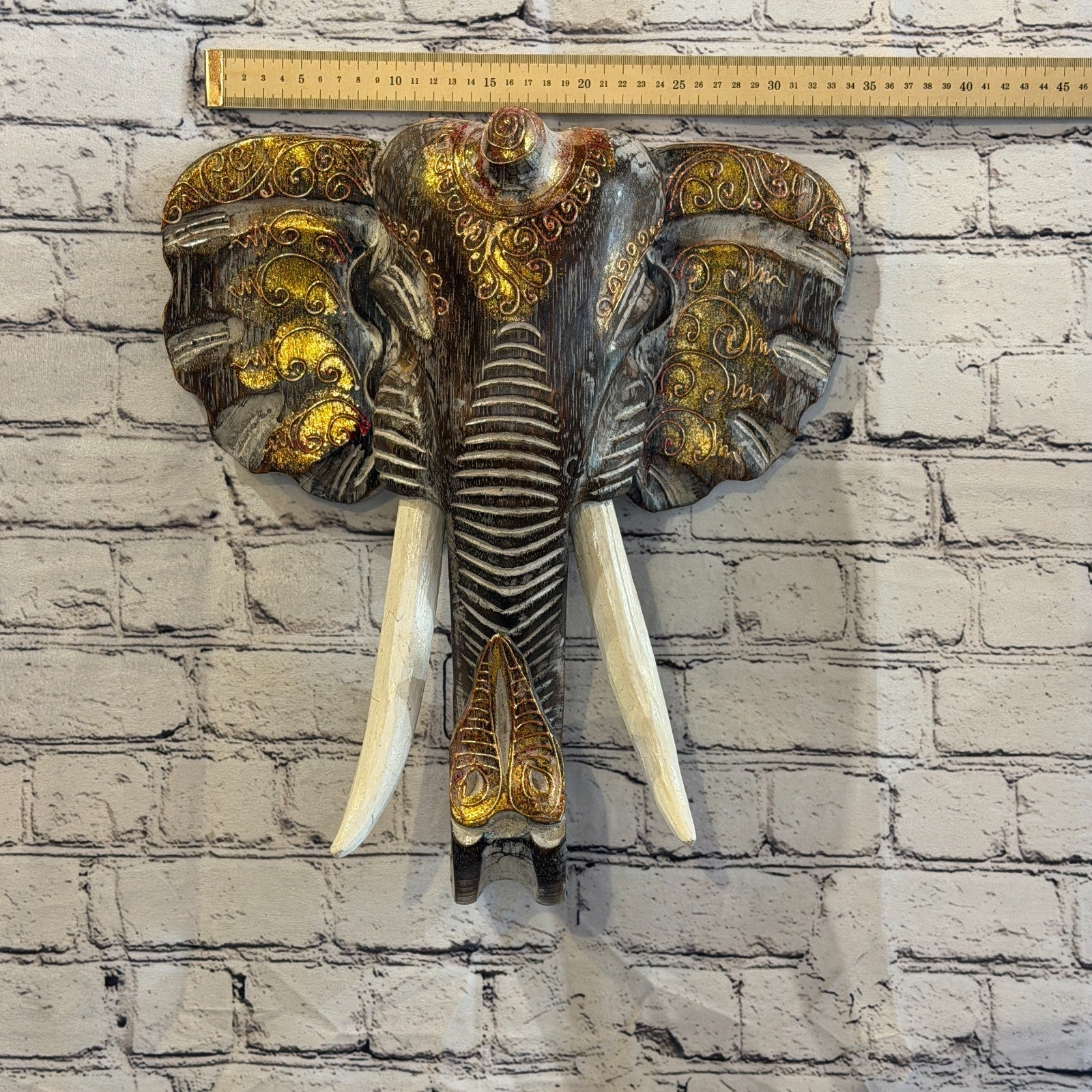 40cm x 40cm Brown Gold Painted Wood Elephant Head Wall Mounted Art Shabby3
