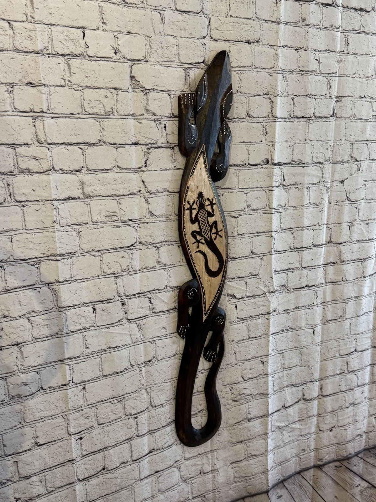 100cm Gecko Gecko Carved Wooden Brown Work Painted Ethnic Tribal Tiki Art0