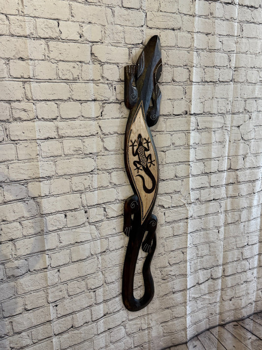 100cm Gecko Gecko Carved Wooden Brown Work Painted Ethnic Tribal Tiki Art0