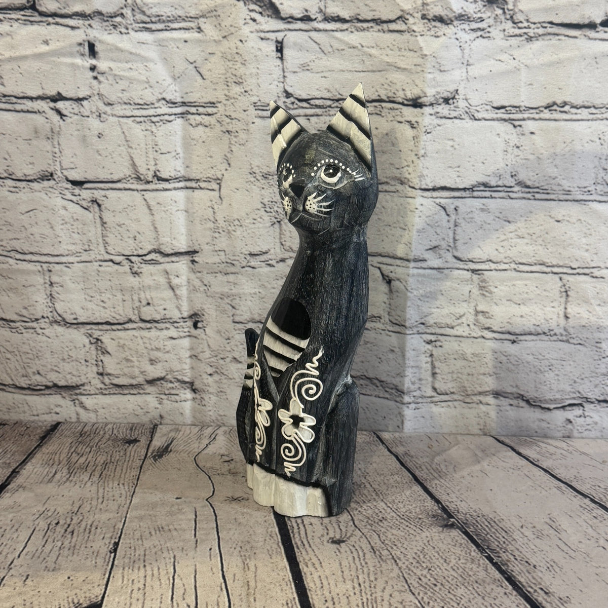 30cm Grey Flower Wooden Shabby Cat Statue Ornament Fair Trade Handcarved1