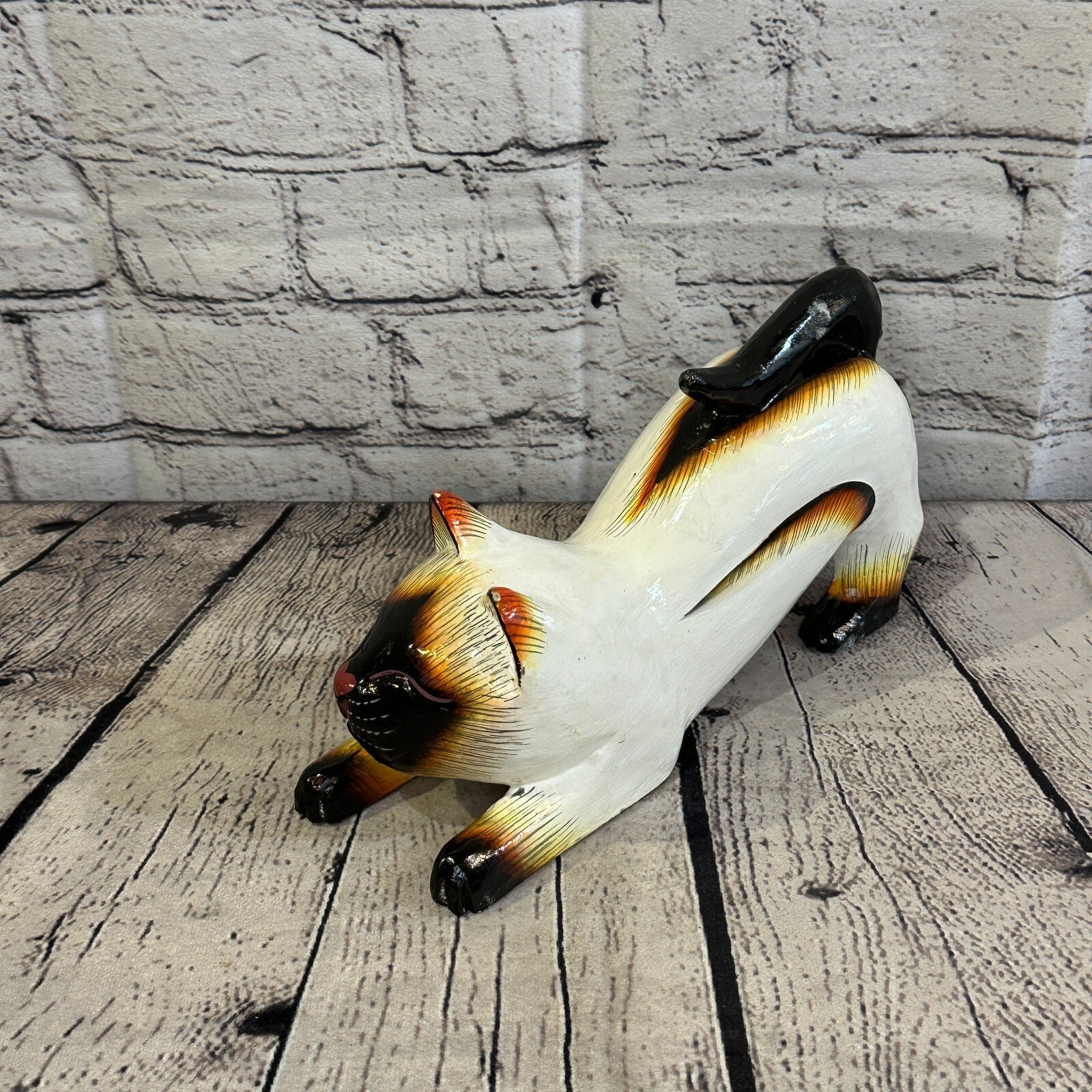 22cm x 14cm Siamese Style Painted Wooden Hand Carved Stretching Cat Wooden1