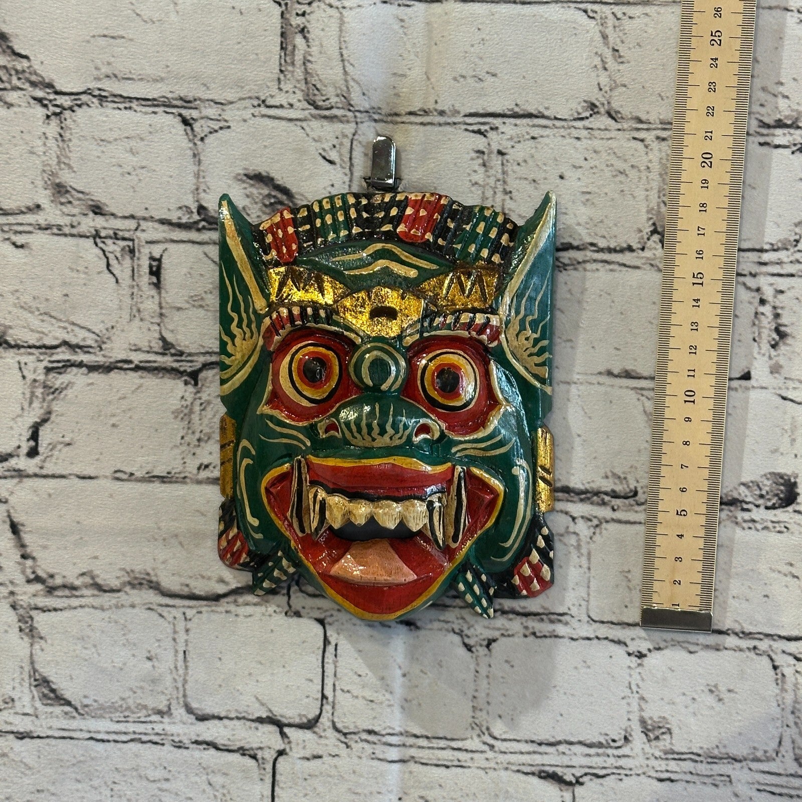 Large Wooden Green Barong Wall Mask 18cm x 18cm Handmade And Fairtrade Hindu3