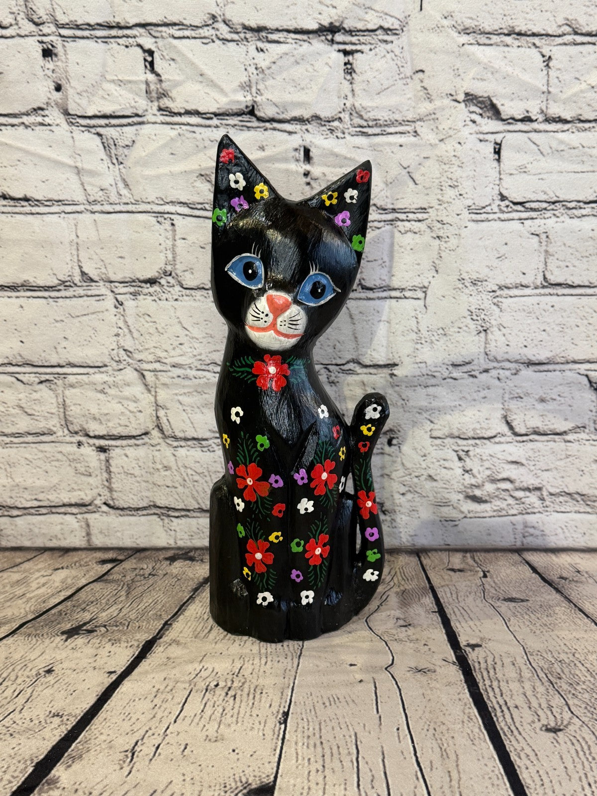 30cm Black Mix Flower Wooden Shabby Cat Statue Ornament Fair Trade Handcarved0