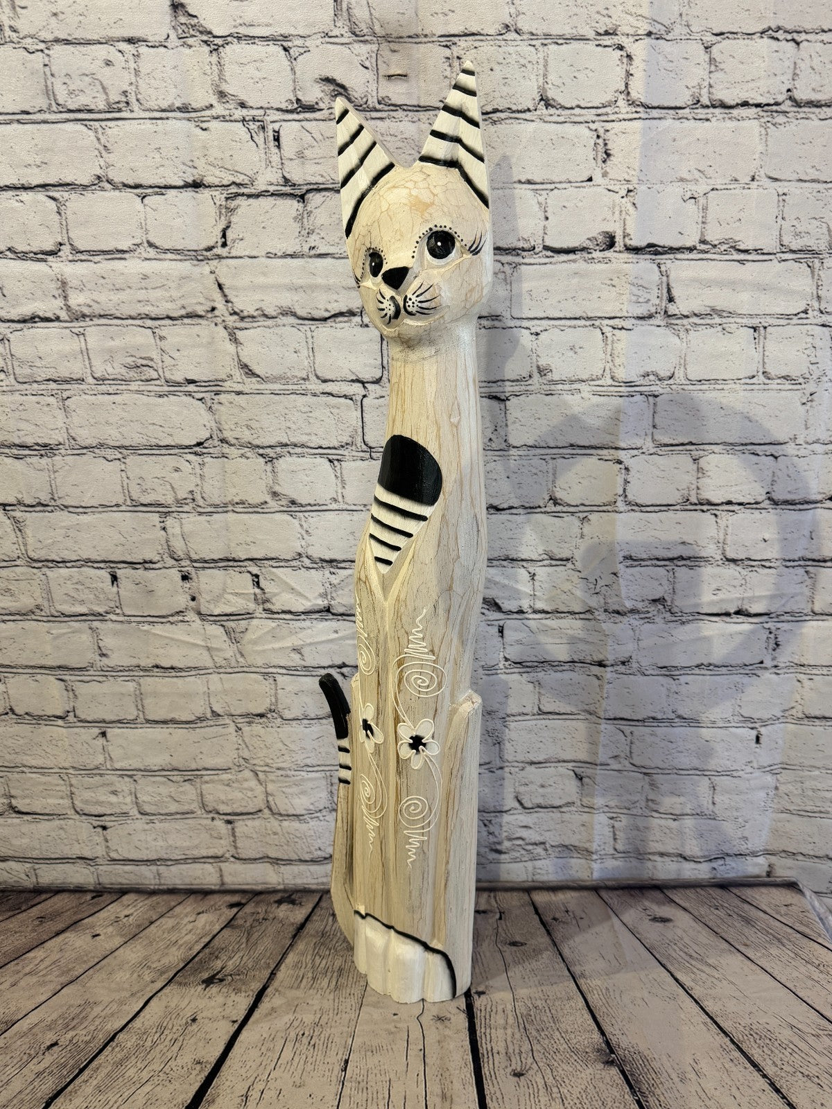 80cm White Flower Wooden Shabby Cat Statue Ornament Fair Trade Handcarved1