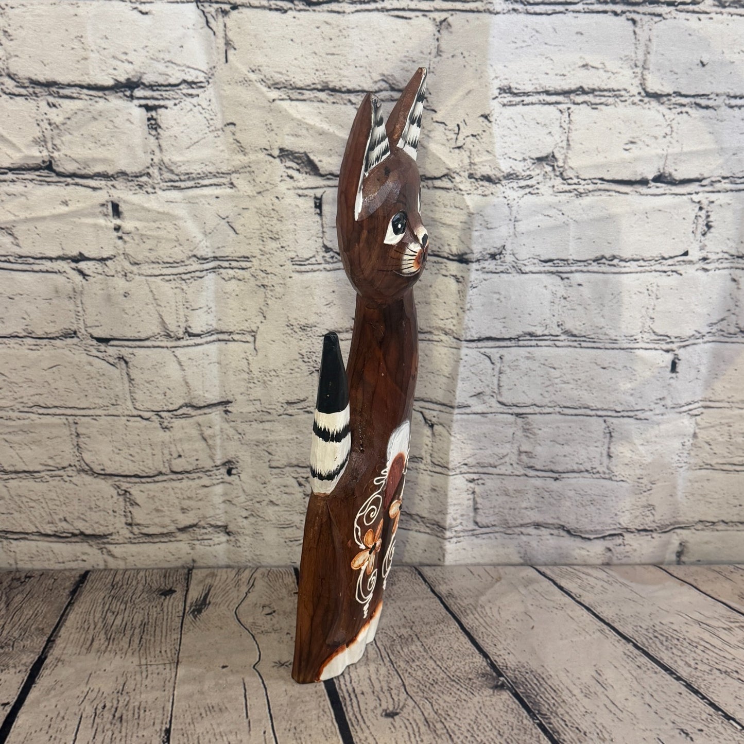 40cm Brown Flower Wooden Shabby Cat Statue Ornament Fair Trade Handcarved2