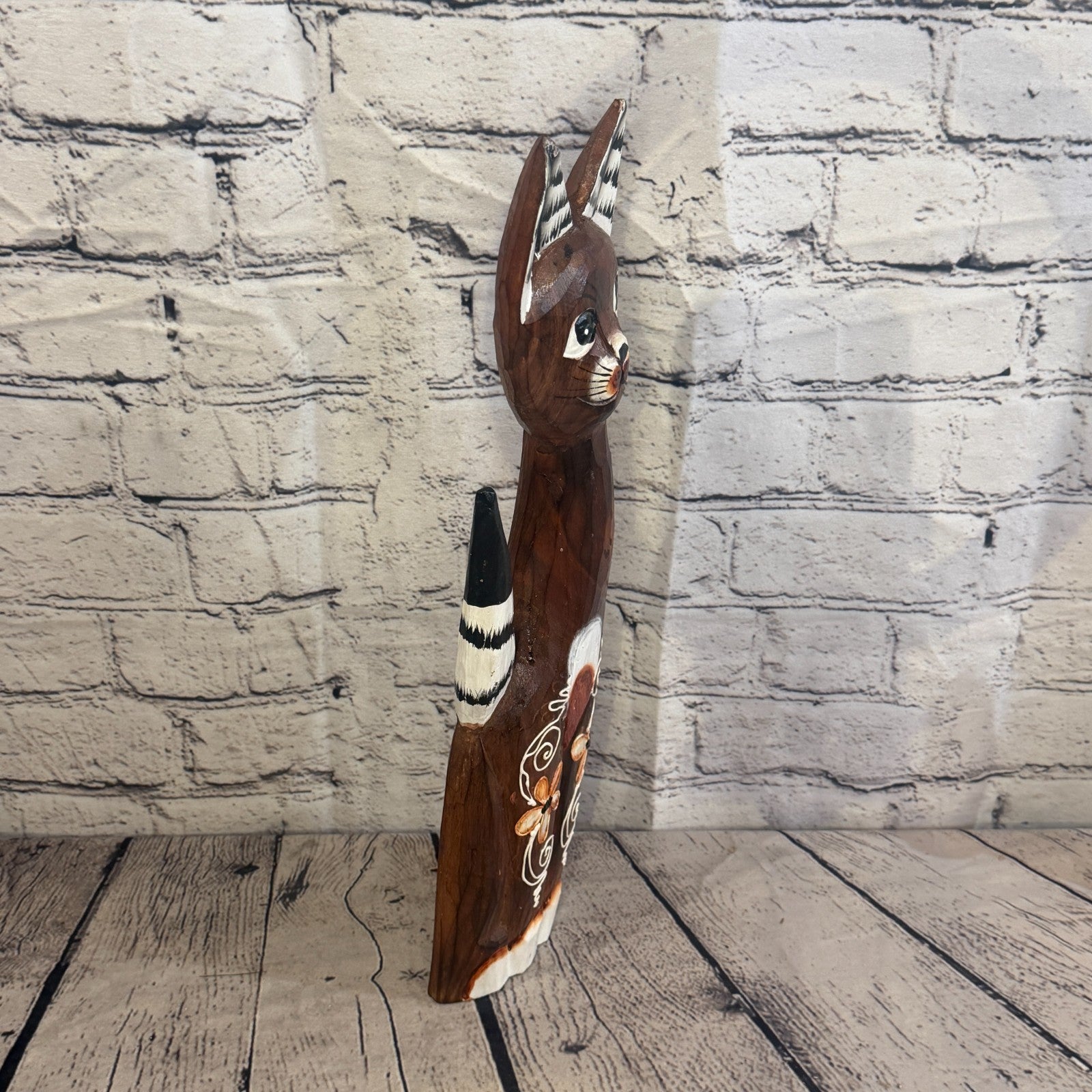 40cm Brown Flower Wooden Shabby Cat Statue Ornament Fair Trade Handcarved2