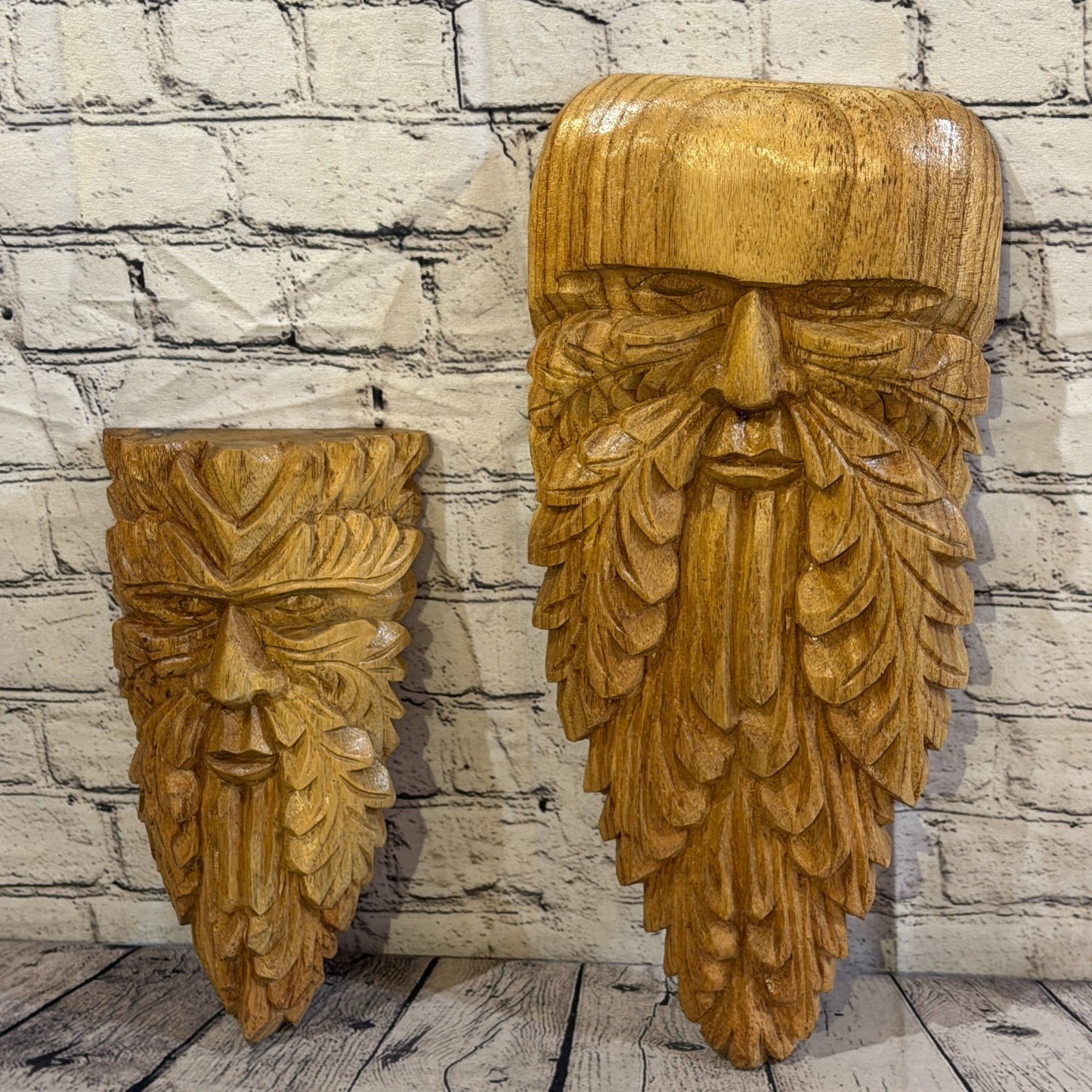 Green Man Of The Woods 30cm x 15cm Flat Carved Wizard Tree Trunk Wood Fairtrade6