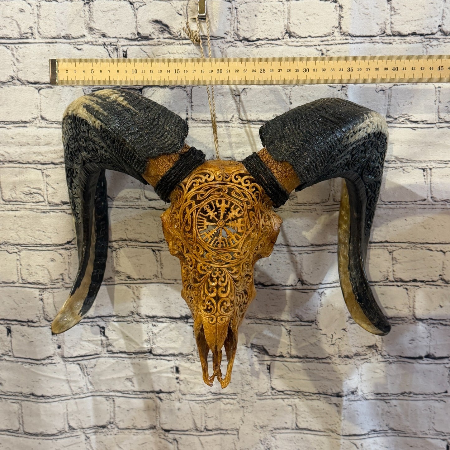 30cm Carved Buffalo Ram Wild Skulls Wall Hanging Carved With Stand Design 44
