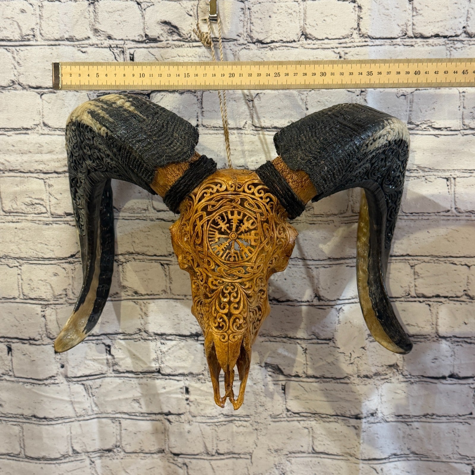 30cm Carved Buffalo Ram Wild Skulls Wall Hanging Carved With Stand Design 44