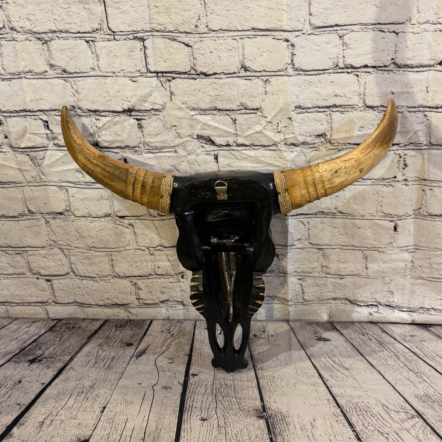 60cm x 60cm Brown Light Painted Wood Cow Skull Head Wall Mounted Art Shabby5