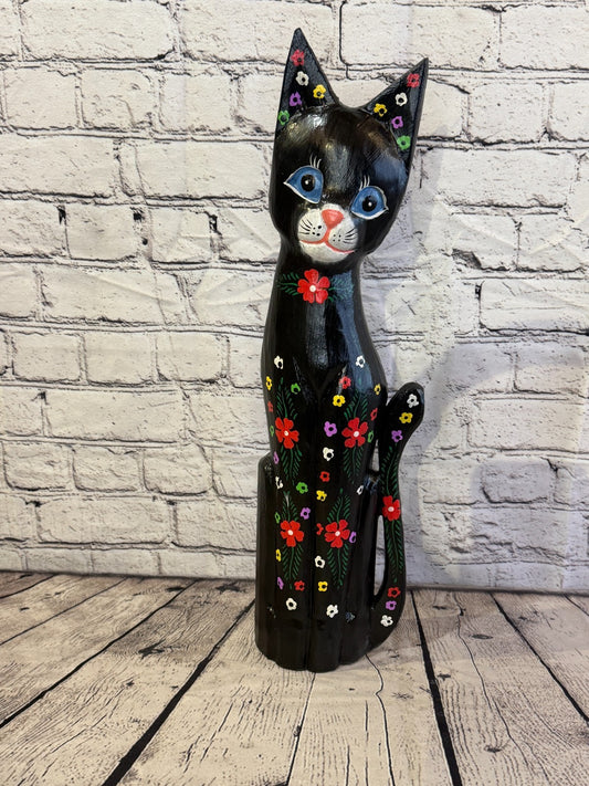 50cm Black Mix Flower Wooden Shabby Cat Statue Ornament Fair Trade Handcarved0