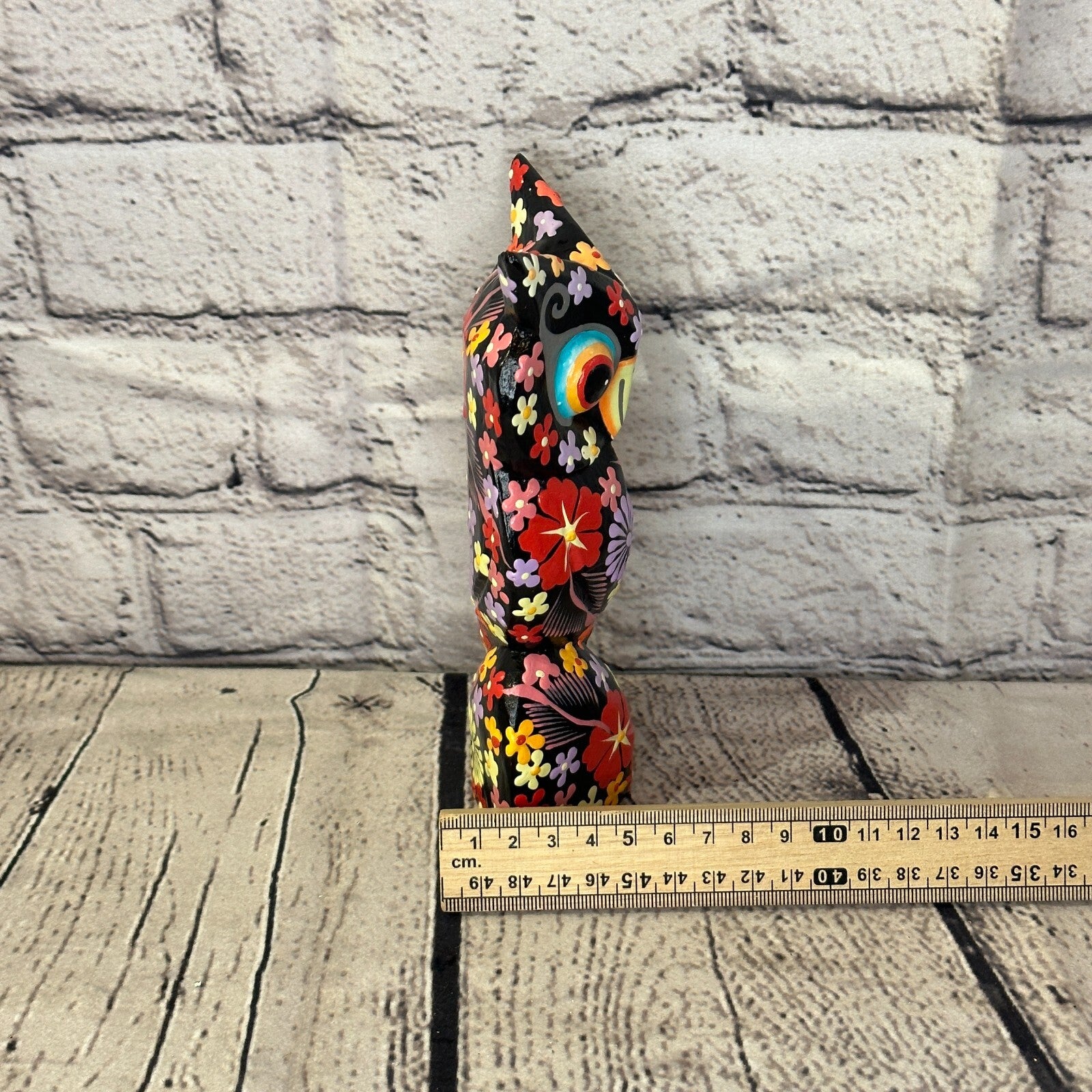 Black Medium Wooden Owl With Flower Pattern 15cm x 8cm Handmade and Fairtrade7