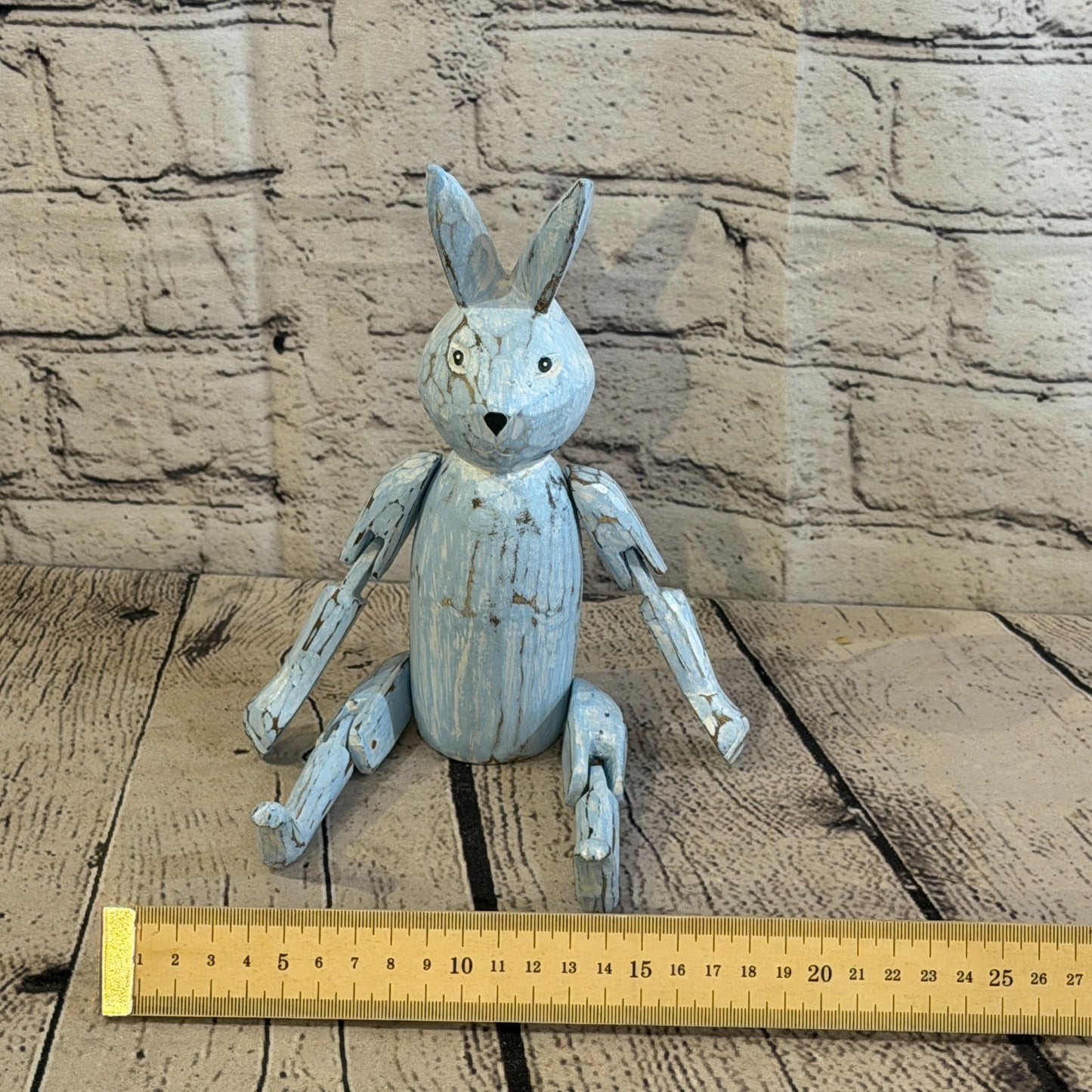 20cm Blue Bunny Rabbit Sitting Animal, Wooden Shelf Ornament Handmade Fairtrade6