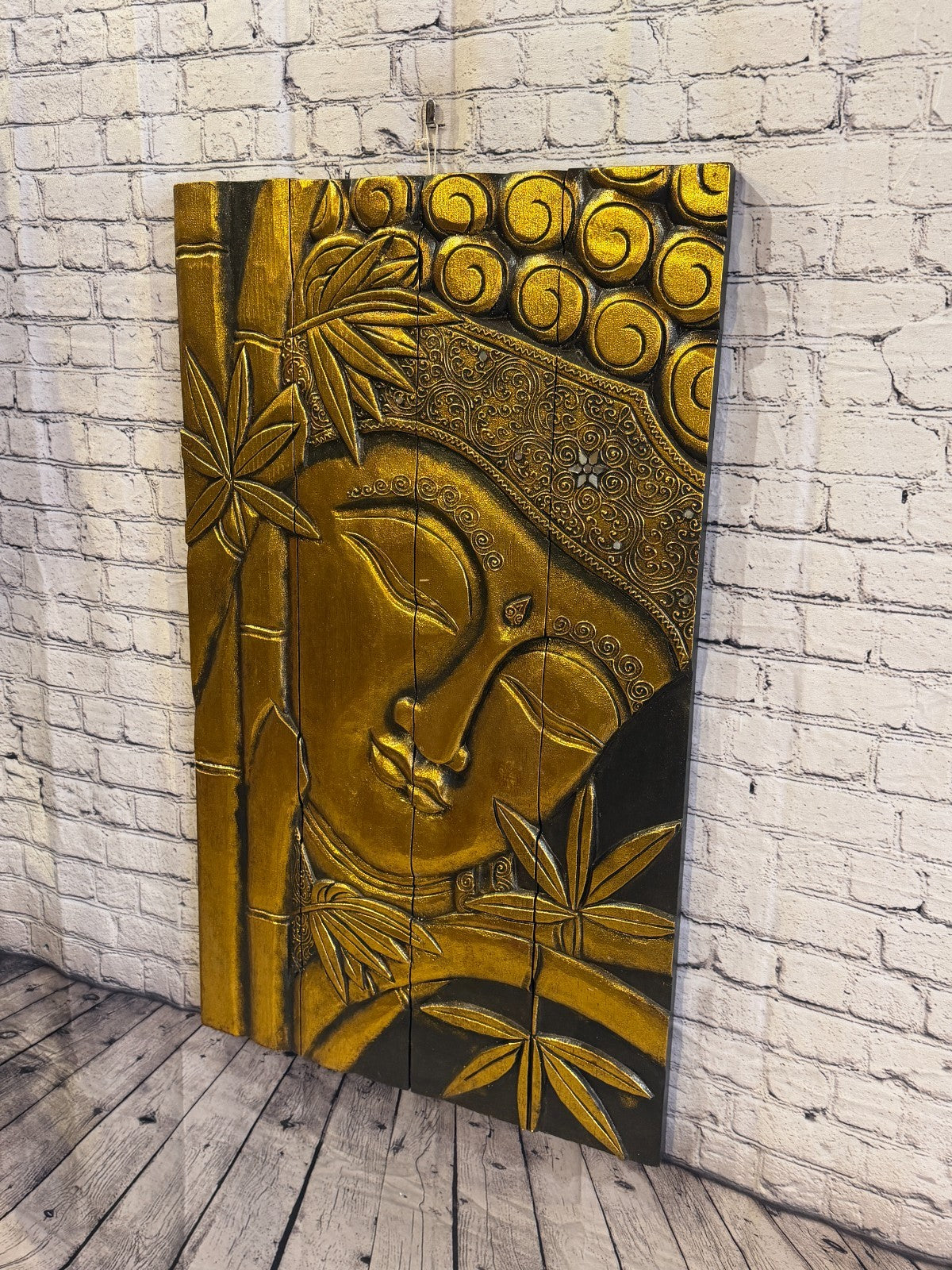 100cm x 60cm Gold Black Buddha Wall Art Plaque Handcarved Wooden Wood Panel2