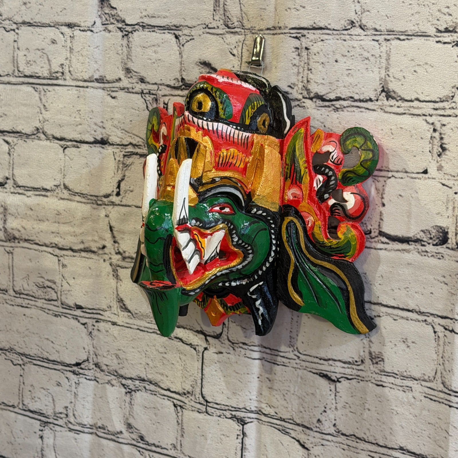 25cm Ganash Ganesha Green Elephant Hindu Deity Wooden Hand Carved Mask Painted1