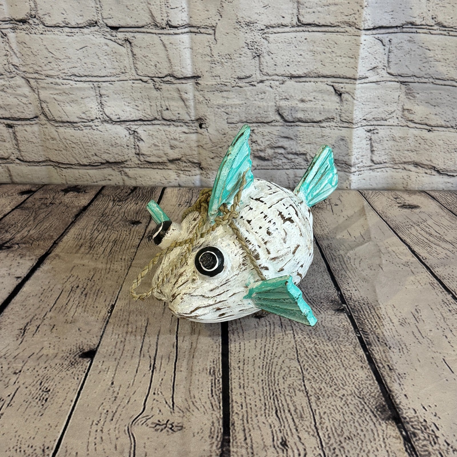 White Green Fins Folk Art Painted Puffer Fish Coconut Shell Ornaments Hanging0