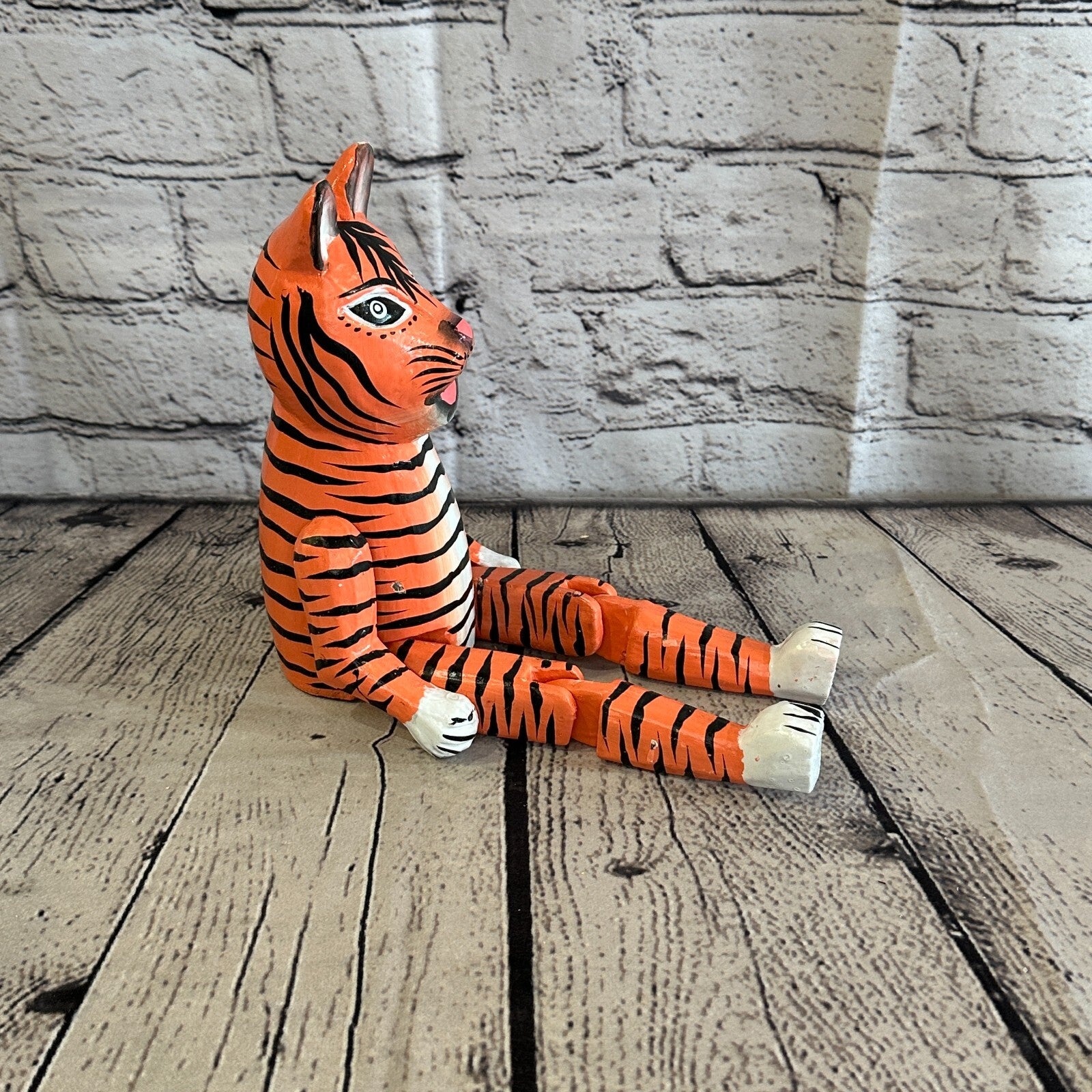 20cm Orange Tiger Sitting Animal, Wooden Shelf Ornament Handmade & Fairtrade4