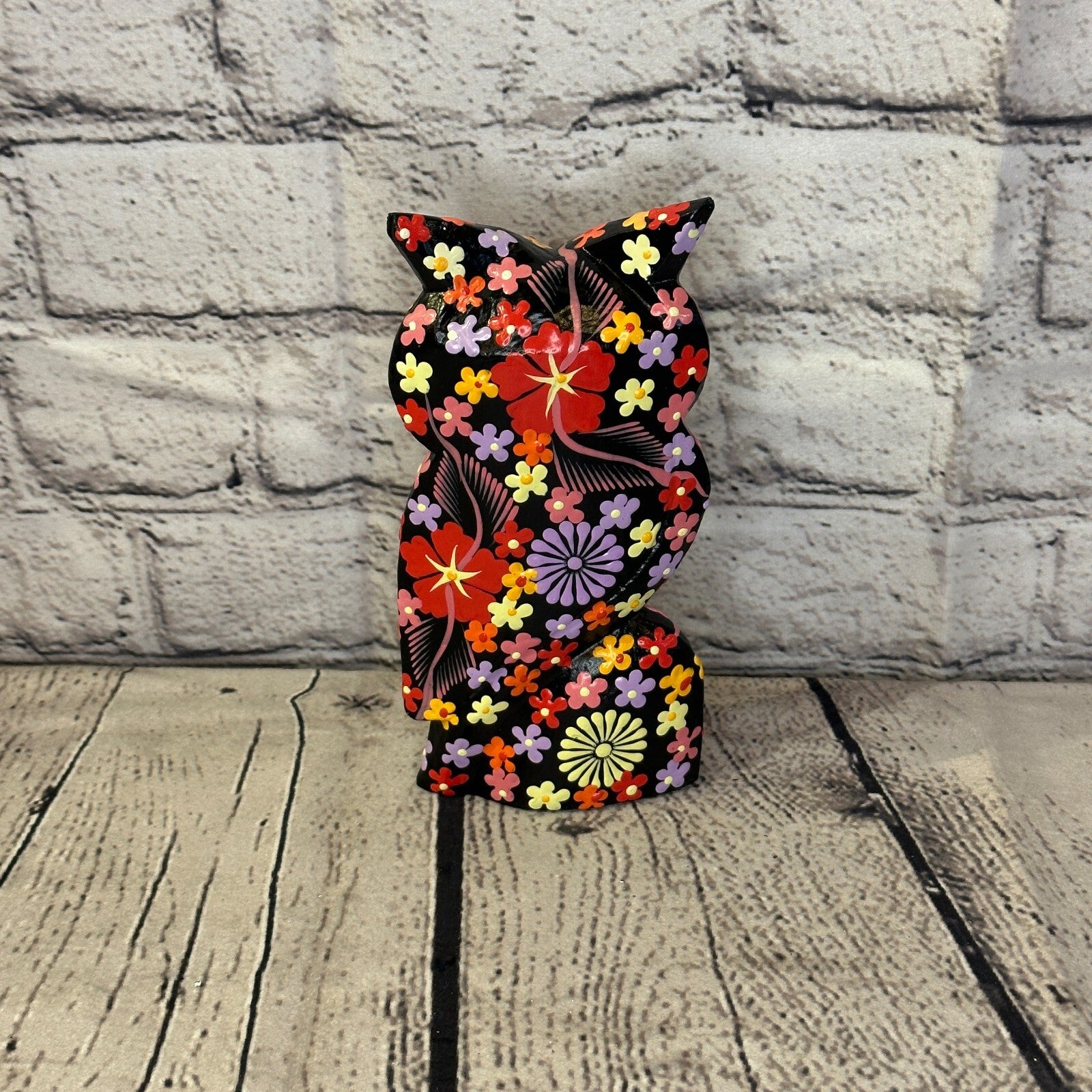 Black Medium Wooden Owl With Flower Pattern 15cm x 8cm Handmade and Fairtrade4